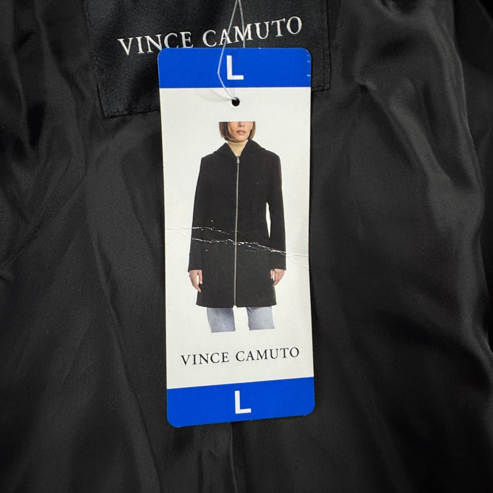 NWT Vince Camuto Hooded Zip Front Coat Womens L Black 1792094 Mid Length